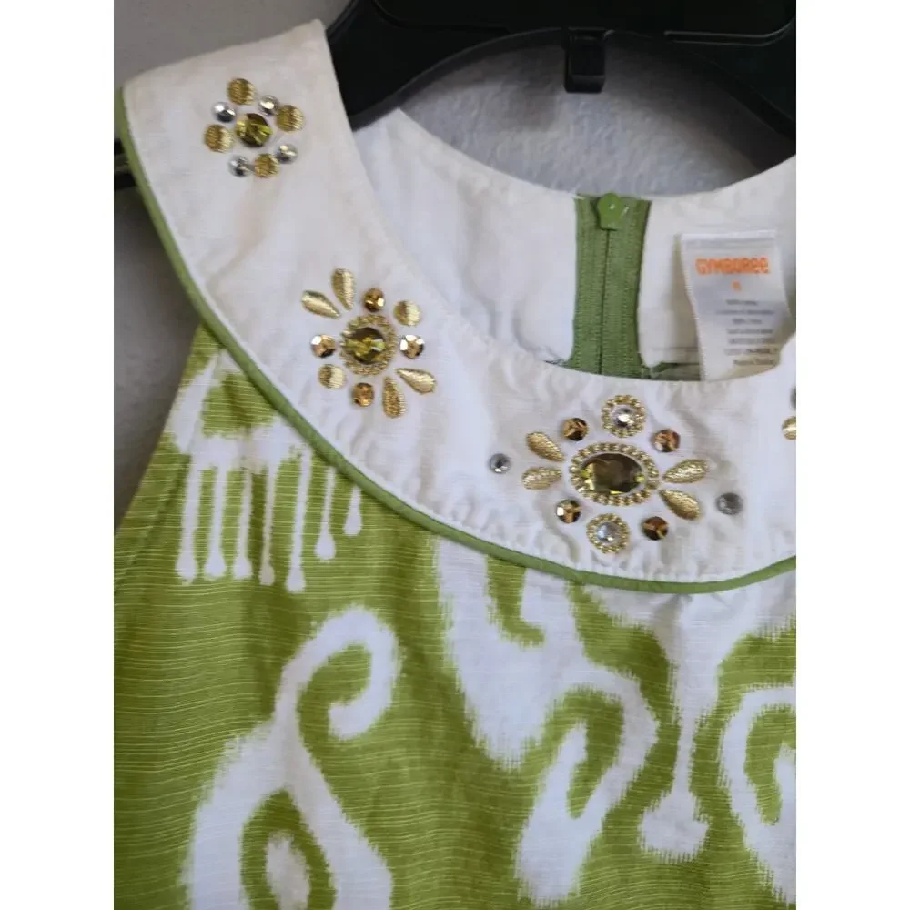 Gymboree Girls Green White Ikat Bejeweled Collar‎ Sleeveless Dress Size 8 2010=0